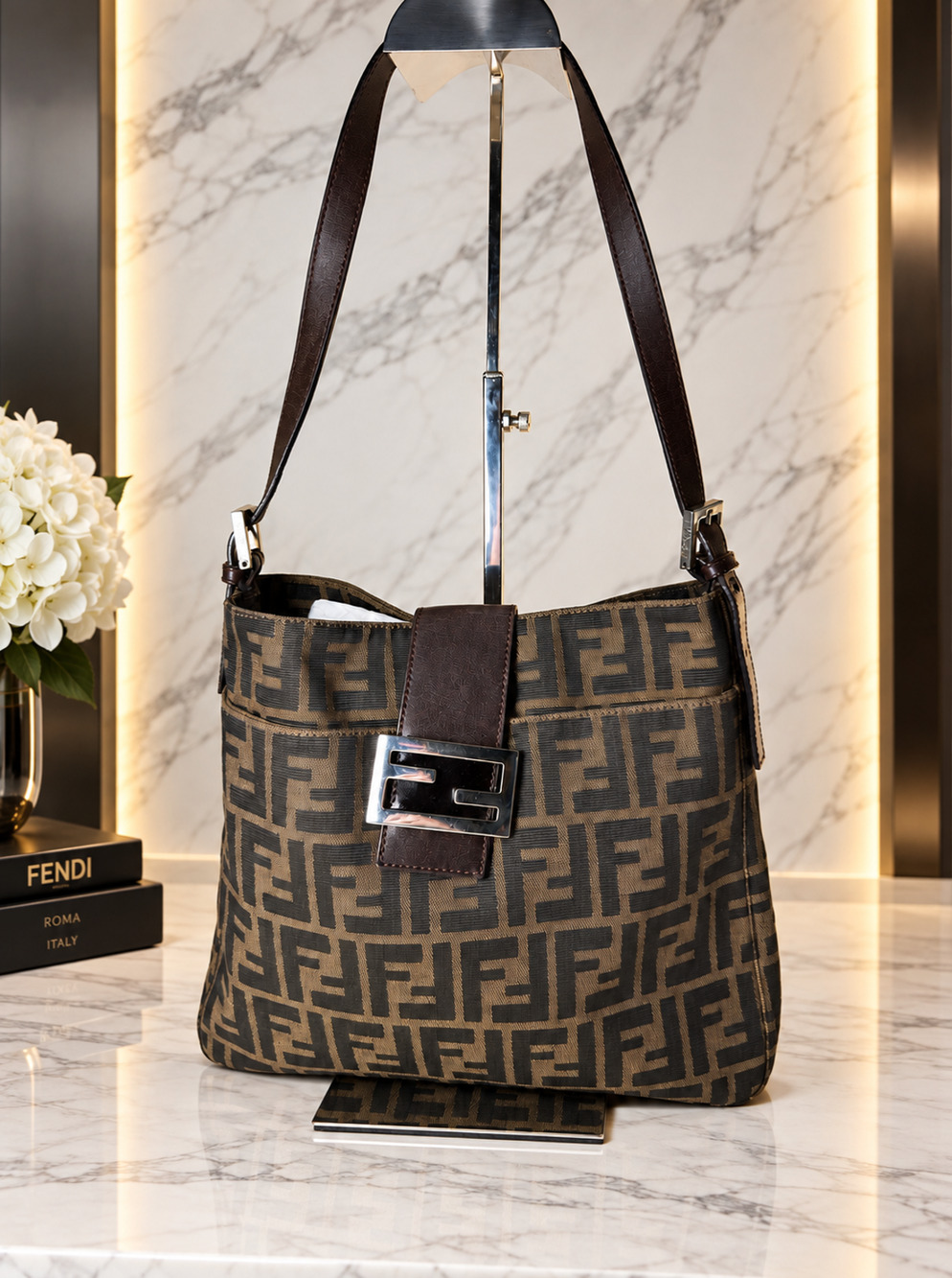 Authentic Vintage FENDI Zucca Medium Croissant Hobo Bag Shoulder Pochette Brown